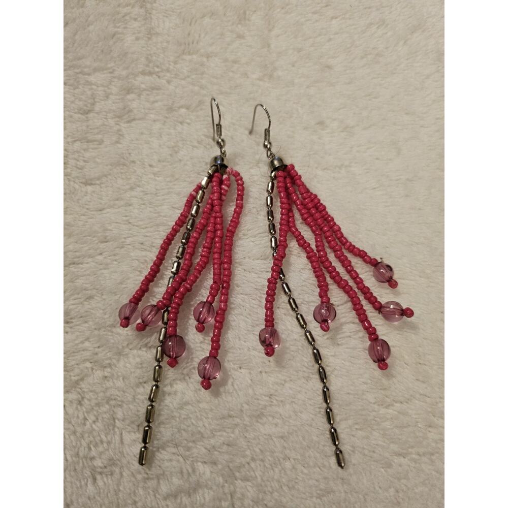 Earrings Pink Beaded Dangle 3" Fashion Jewlery